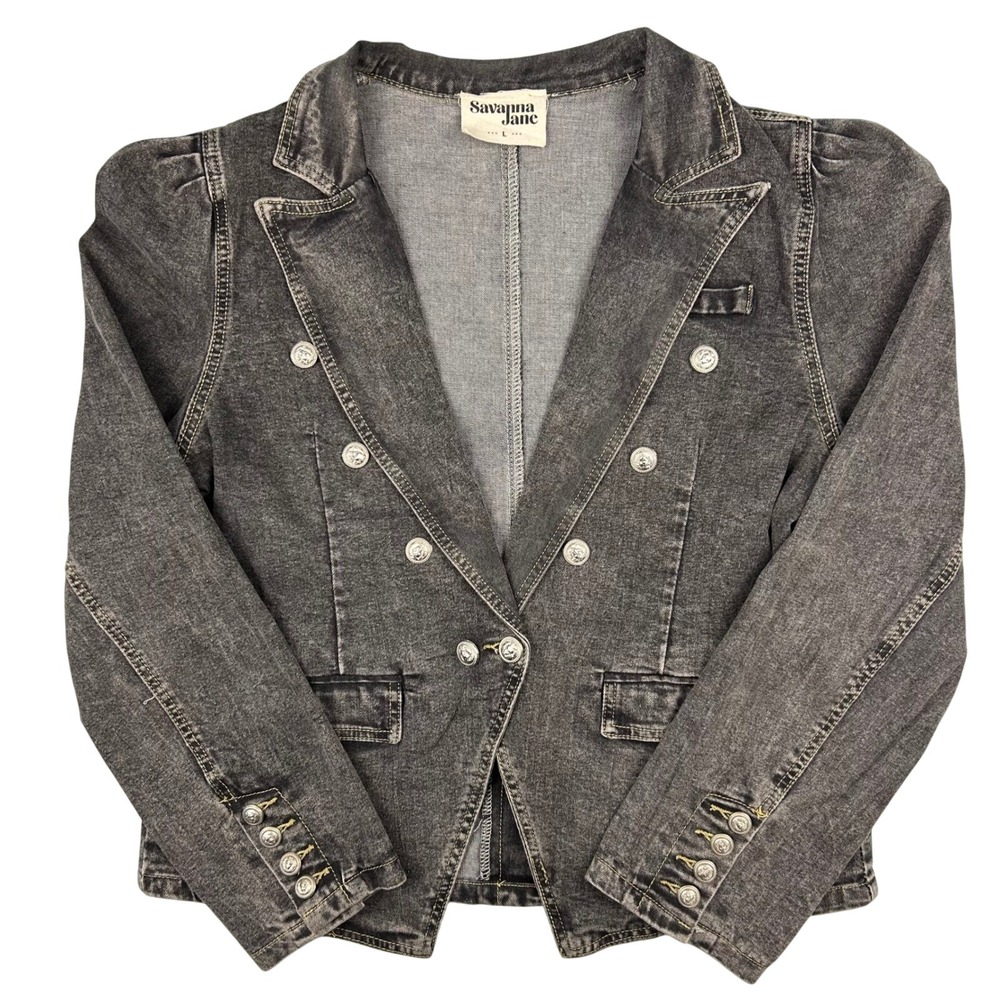 Savanna Jane Womens Grey Denim Puff Sleeve Double Breasted Blazer Jacket Large